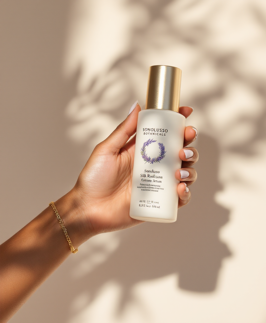 Wrist holding a Sonolusso serum bottle